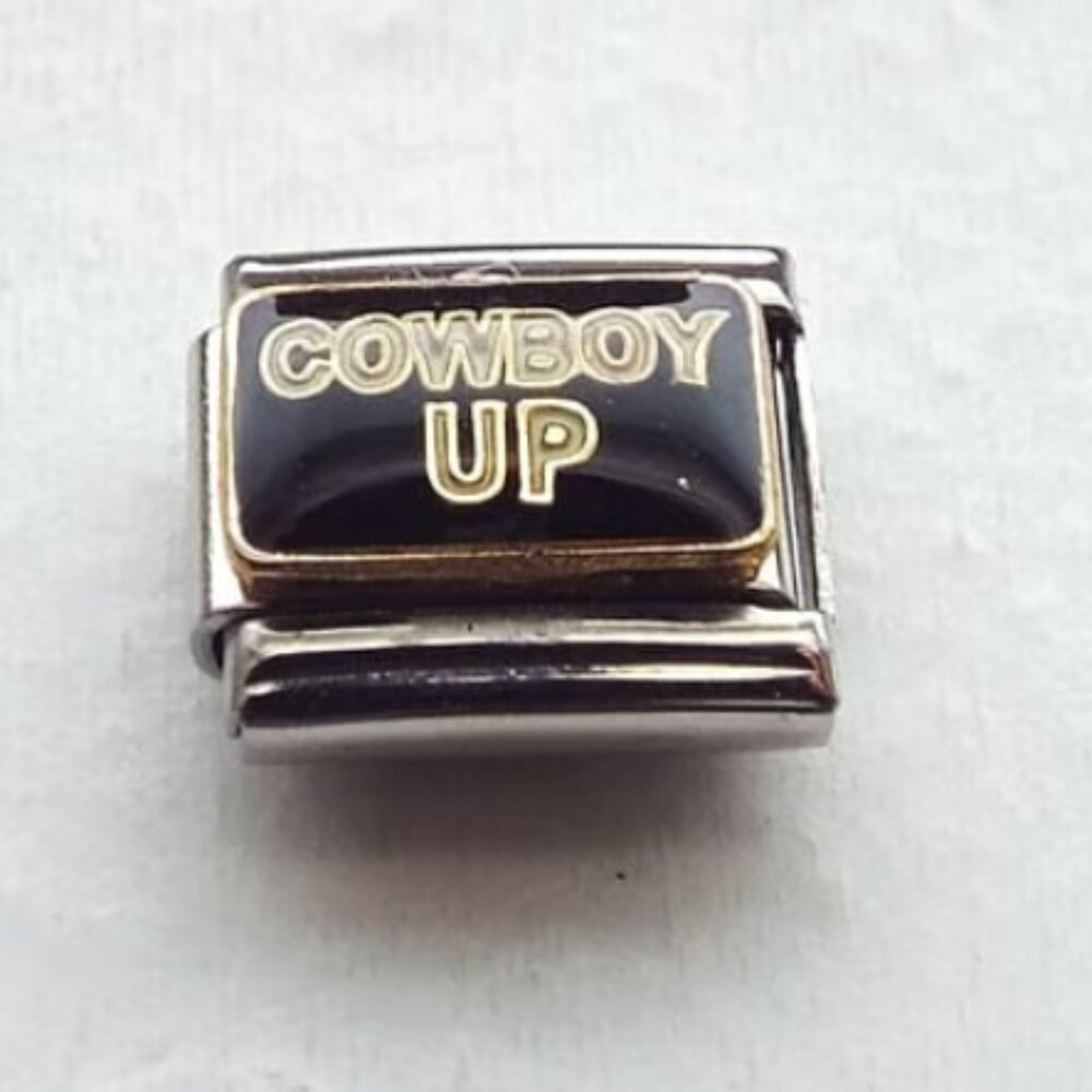 Cowboy Up on black enamel 9mm stainless steel Italian charm bracelet link new